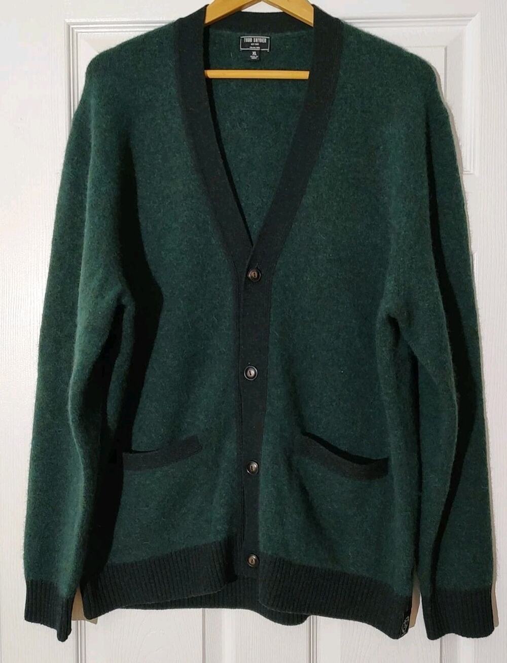Men's Todd Snyder Italian Yarn Green Black Fuzzy Cardigan Wool/Alpaca - XL